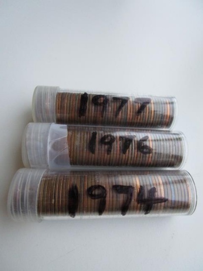 Lot of 3 Rolls of Pennies 1977,1976, & 1974