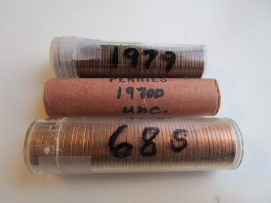 Lot of 3 Rolls of Pennies 1968S, 1970D, 1979