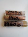 Lot of 3 Rolls of Pennies 1955-S, 1962, & 1960-D