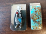Two turquoise and coral money clips