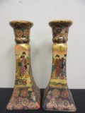 Vintage Hand Painted Satsuma Candlesticks