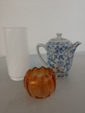 3 decorative glass items: bowl, pitcher, vase