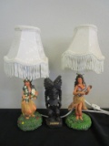Set of 2 Hula Girl Lamps & Hawaiian Carved Statue