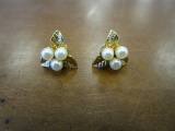 Gold Toned Pearl Leaf Earrings