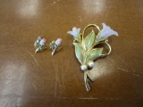 Gold Toned Floral Broach and Earring Set