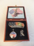 Eagle with American Flag Pocket Watch & Knife
