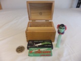 Wooden Box with Pez dispenser, Coin, and 2 Knives