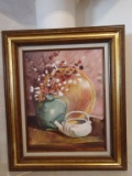 Framed teapot & flowers painting approx 24x36