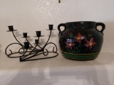 Decorative crock and 2 metal candle holders