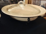 Oblong covered ceramic dish with stand