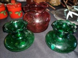 3 handkerchief miniature vases 2 green one red