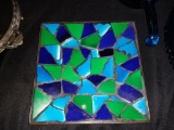 3 blue glass and enamel items