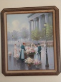 Framed ladies & flower cart art print approx 36x36