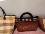 3 brown and straw purses one with embroidery