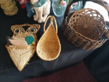 2 baskets, a wine basket, and woven hotplates