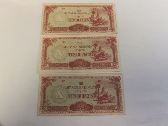 Lot of 3 Japanese Ten Rupees Currency Notes