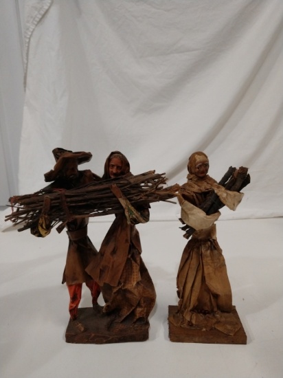 3 vintage paper mache figures bringing wood