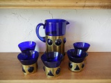 Cobalt Blue Glass & Brass Jug and 5 Goblets
