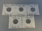 Lot of 5 1943 Zinc-Coated Steel Pennies