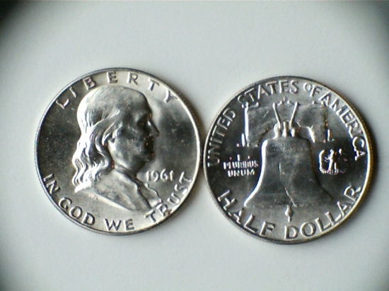 Two 1961-D .90 Silver Franklin Half Dollars