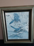Framed original oil birds in winter painting