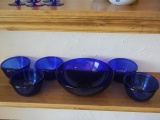 Large Cobalt Blue Glass Bowl & 5 Small Bowls