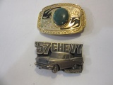 Pair of Belt Buckles '57 Chevy and Green Stone