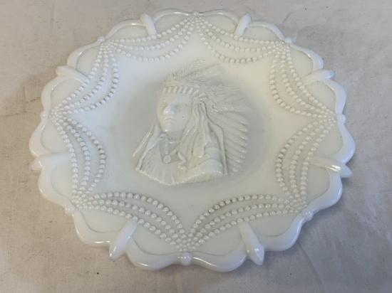 Vintage Milk Glass Beaded Swag Indian Chief Plate