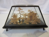 Delicate Asian Wooden Sculpture in Glass Box