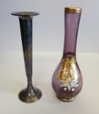 Painted vase and silver tone candlestick