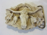 Long Horn Cow Carved Belt Buckle