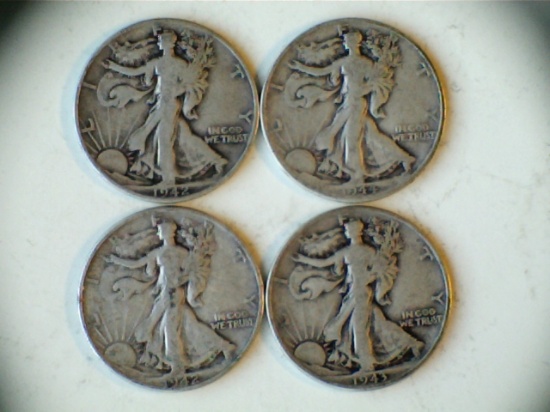 Lot of 4 .90 Silver Walking Liberty Half Dollars