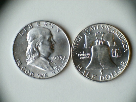 Two 1963-D .90 Silver Franklin Half Dollars