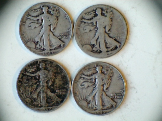 Lot of 4 .90 Silver Walking Liberty Half Dollars