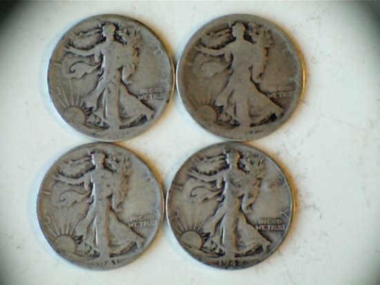 Lot of 4 .90 Silver Walking Liberty Half Dollars