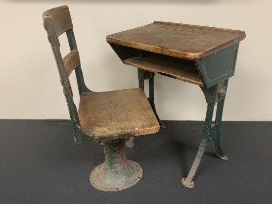 Antique Green & wood School Desk And Chair