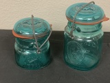 Lot of 2 Vintage Blue Mason Jars with Locking lids