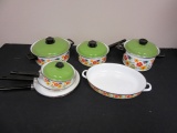 Set of Green Lid Floral Motif Kitchenware