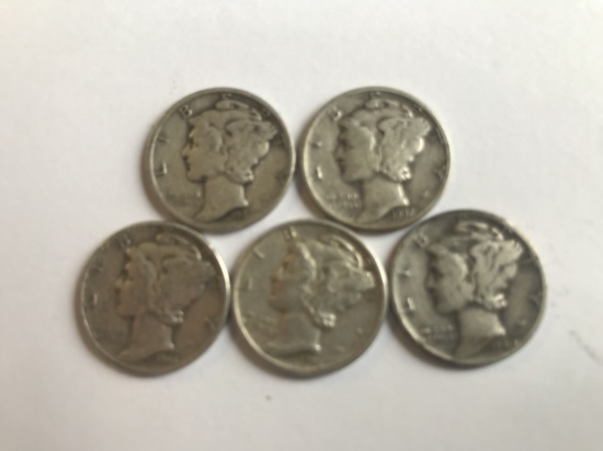 Lot of 5 .90 Silver Mercury Dimes