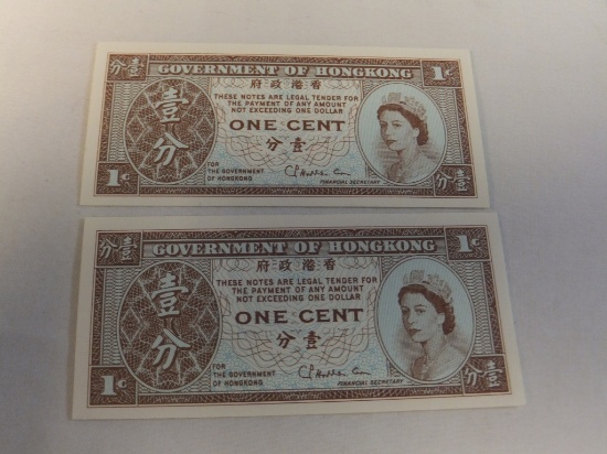 Lot of 2 Hong Kong Currency 1 Cent Notes