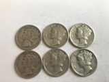 Lot of 6 .90 Silver Mercury Dimes