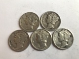 Lot of 5 .90 Silver Mercury Dimes