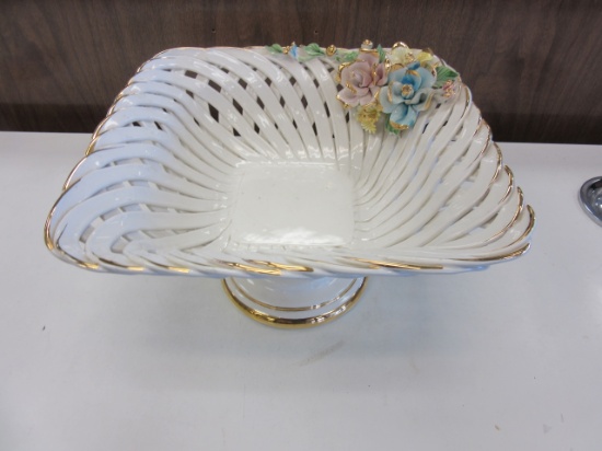 White Glass Dish with Gold Tone Trim Floral Motif