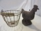 Rooster Statue With Wire Basket
