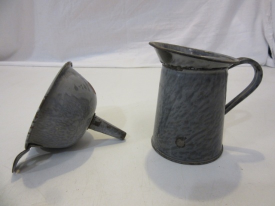 Vintage Gray Speckled Enamel Funnel & Pitcher