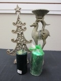 Silver Toned Christmas Decor Items & 2 Candles