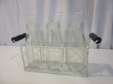 Wood Handled Wire Basket With 3 Bottles