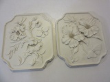 2 White Ceramic Floral Wall Decorations