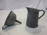 Vintage Gray Speckled Enamel Funnel & Pitcher