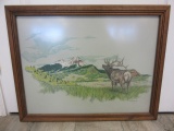 Framed P.F. Osterdaarc Deer With Landscape Art